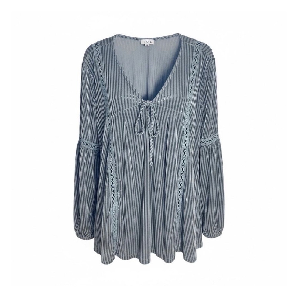POL Top Womens Medium Blue Pleated Velvet Crochet Trim Front Tie Boho BWJ17A